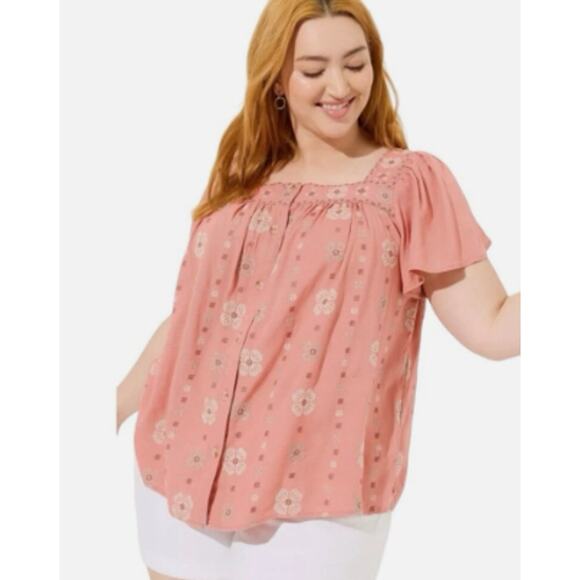 Torrid Embroidered Boho Top Square Neck Women's Large Button Up Flutter Sleeve - Picture 1 of 9